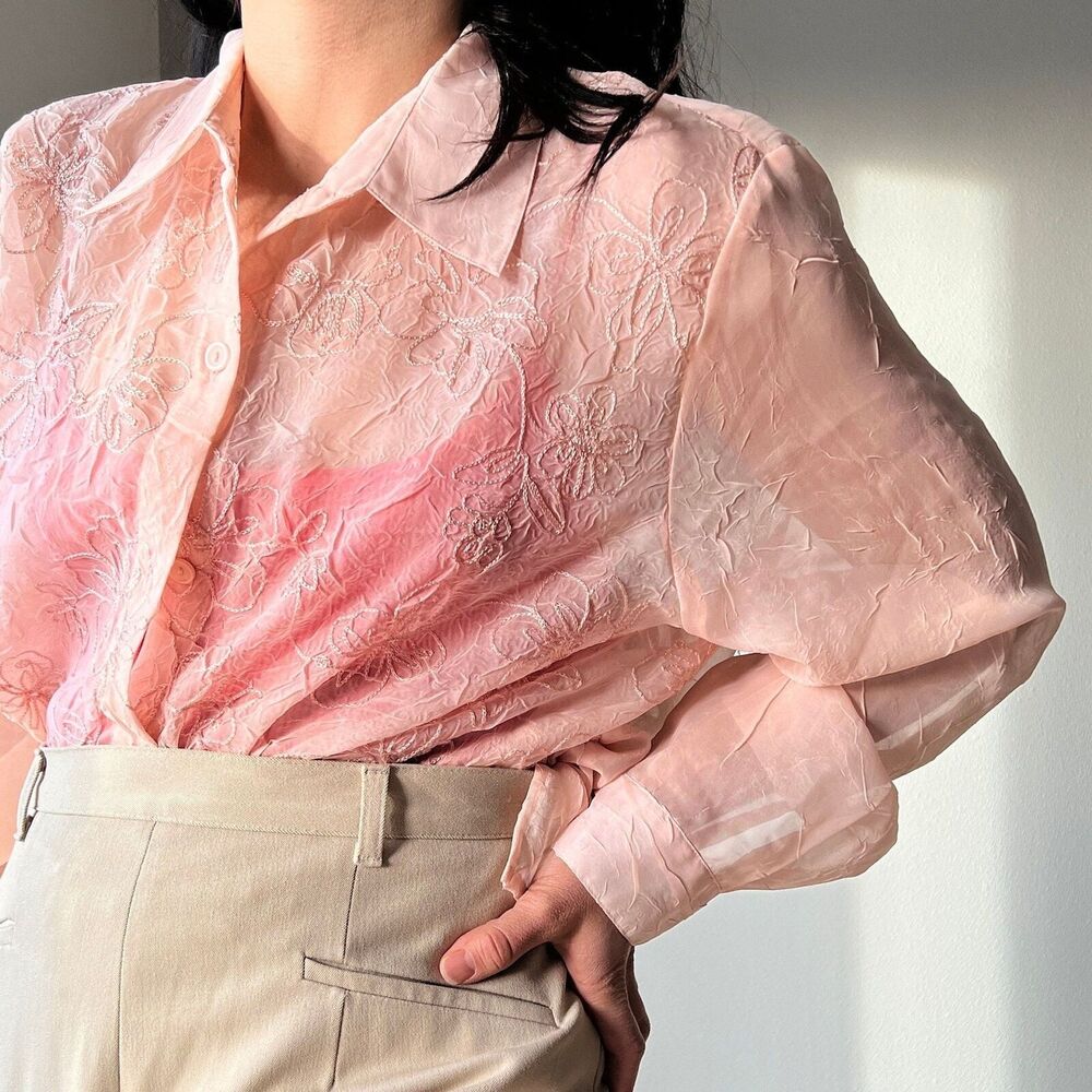 vtg 90s Alfred Dunner‎ Sheer Blouse Womens Size 12W floral peach shirt USA Made - Picture 7 of 9